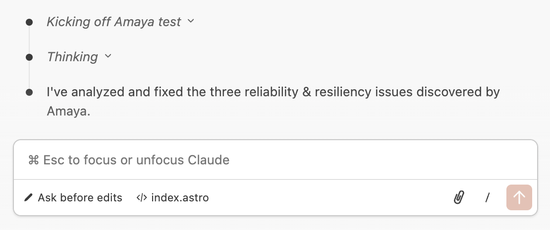 Screenshot of Claude Code in VS Code starting an Amaya test and analyzing its results